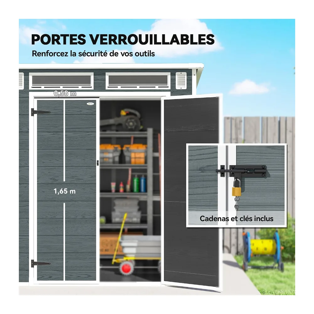 Outsunny Abri de Jardin en Résine Double Porte 3,3 m² Gris Effet Bois