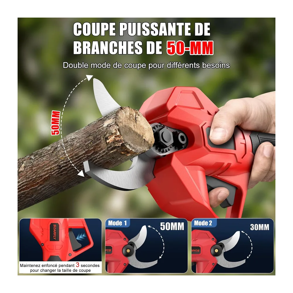 SOARFLY Sécateur Électrique Sans Fil, Coupe Jusqu'à 50 mm, Moteur Brushless 700 W, 2