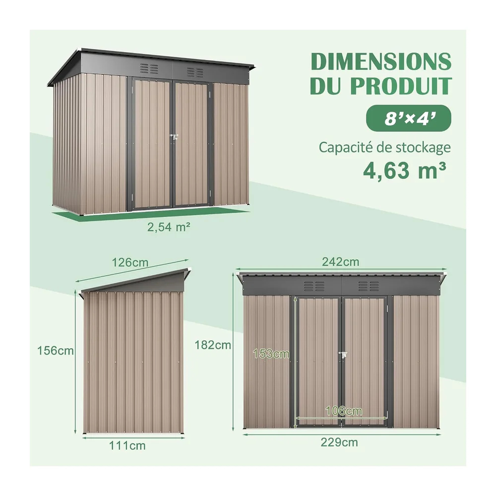 Abri de jardin en métal 8x4 pieds avec cadre de fondation stable, abris de jardin