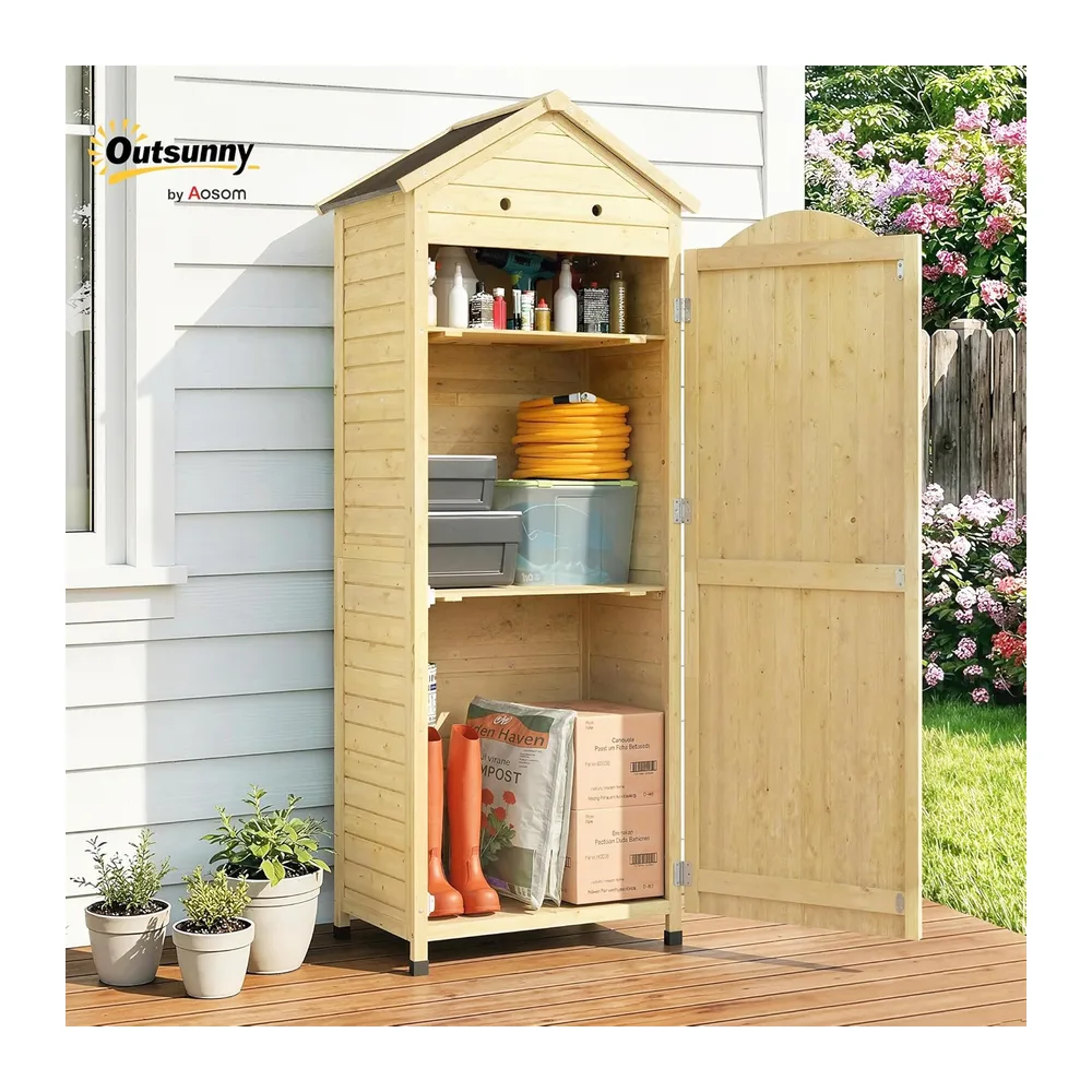 Outsunny Armoire de Jardin en Bois 213cm de Haut pour Terrasse Bois Naturel