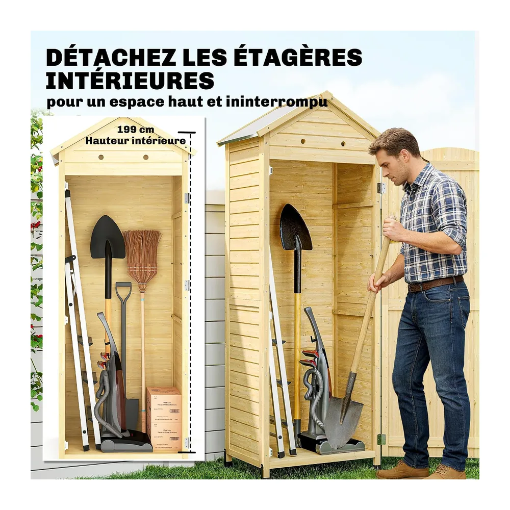 Outsunny Armoire de Jardin en Bois 213cm de Haut pour Terrasse Bois Naturel