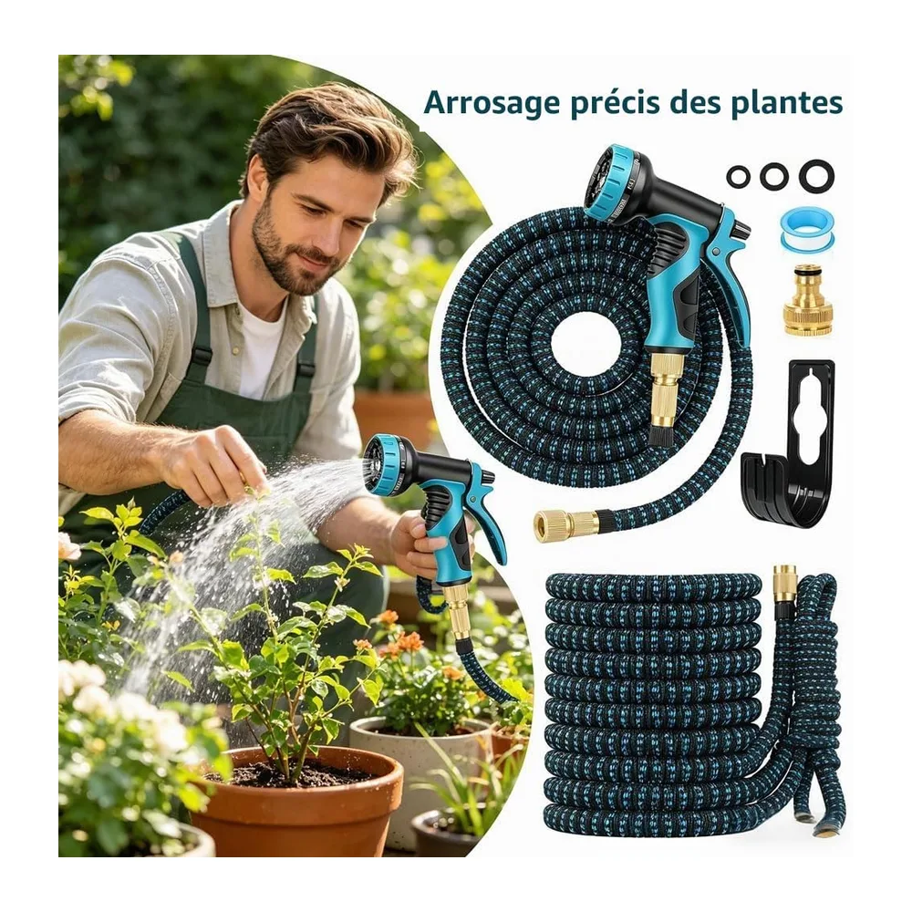 Tuyau Arrosage Extensible 15M, Tuyaux D'arrosage Embout 10 Modes Pistolet, 3/4" 1/2"