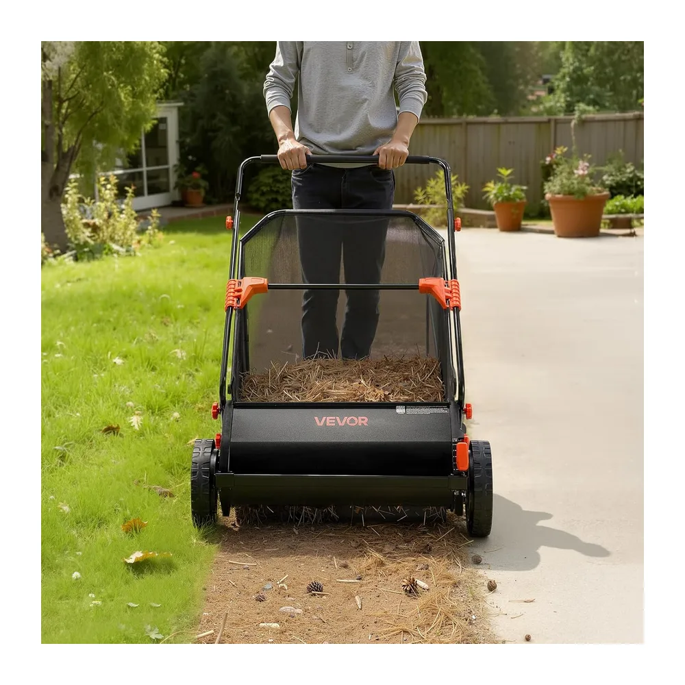 VEVOR Balayeuse à Gazon Manuelle 66 cm, Ramasseur de Feuilles et d'herbe avec Sac Collecteur de 198 L pour Jardin et Pelouse, Hauteur des Brosses Réglable, Brosses Rotatives, Roues en Caoutchouc