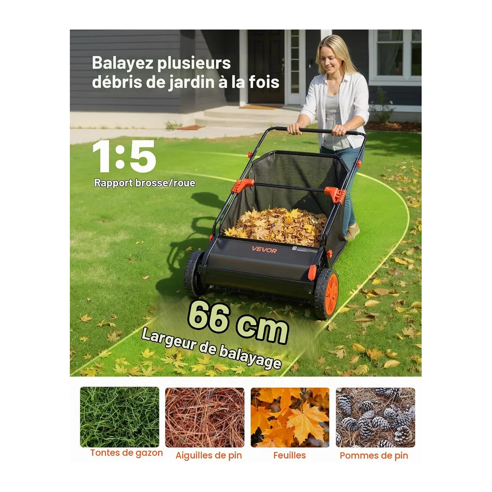 VEVOR Balayeuse à Gazon Manuelle 66 cm, Ramasseur de Feuilles et d'herbe avec Sac Collecteur de 198 L pour Jardin et Pel