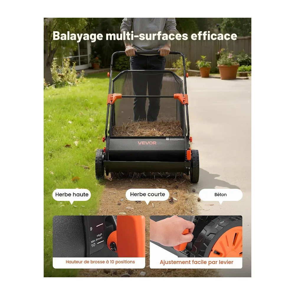 VEVOR Balayeuse à Gazon Manuelle 66 cm, Ramasseur de Feuilles et d'herbe avec Sac Collecteur de 198 L pour Jardin et Pel