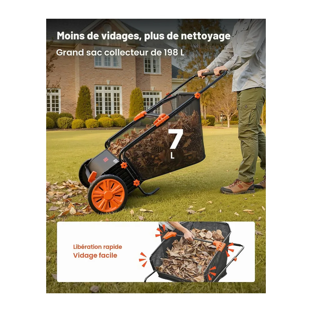 VEVOR Balayeuse à Gazon Manuelle 66 cm, Ramasseur de Feuilles et d'herbe avec Sac Collecteur de 198 L pour Jardin et Pel