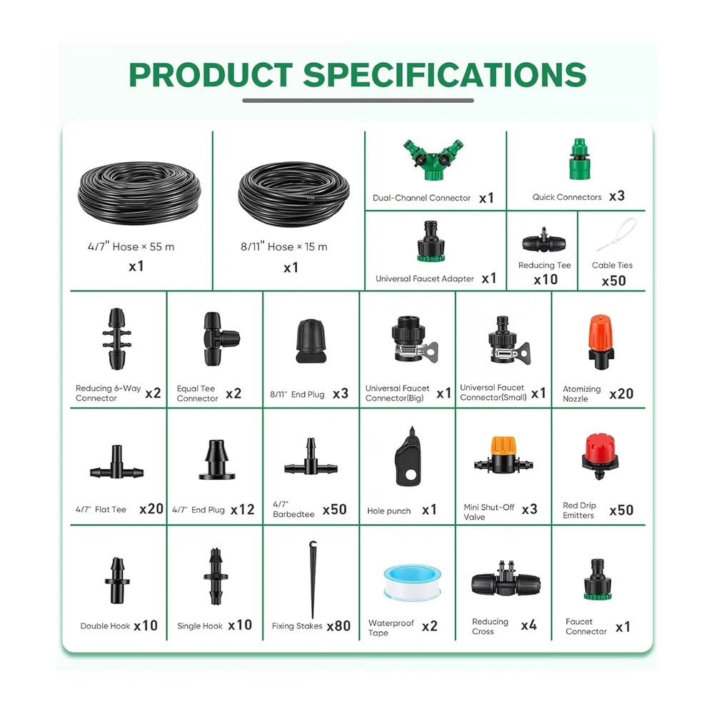 Système d'irrigation Jardin, 340Pcs Kit d'irrigation Goutte, 55m+15m Kit Arrosage