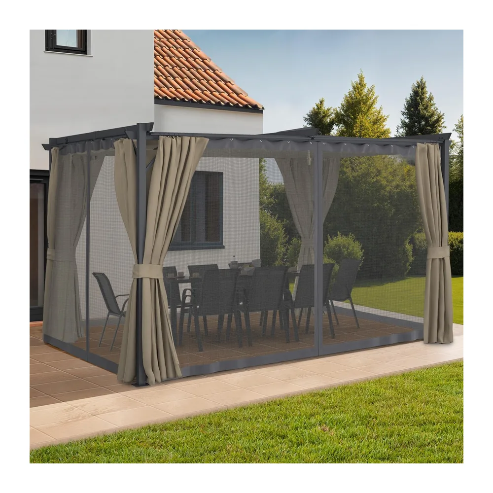 IDMarket - Pergola moustiquaire Toit rétractable 3x4 M et 4 Rideaux