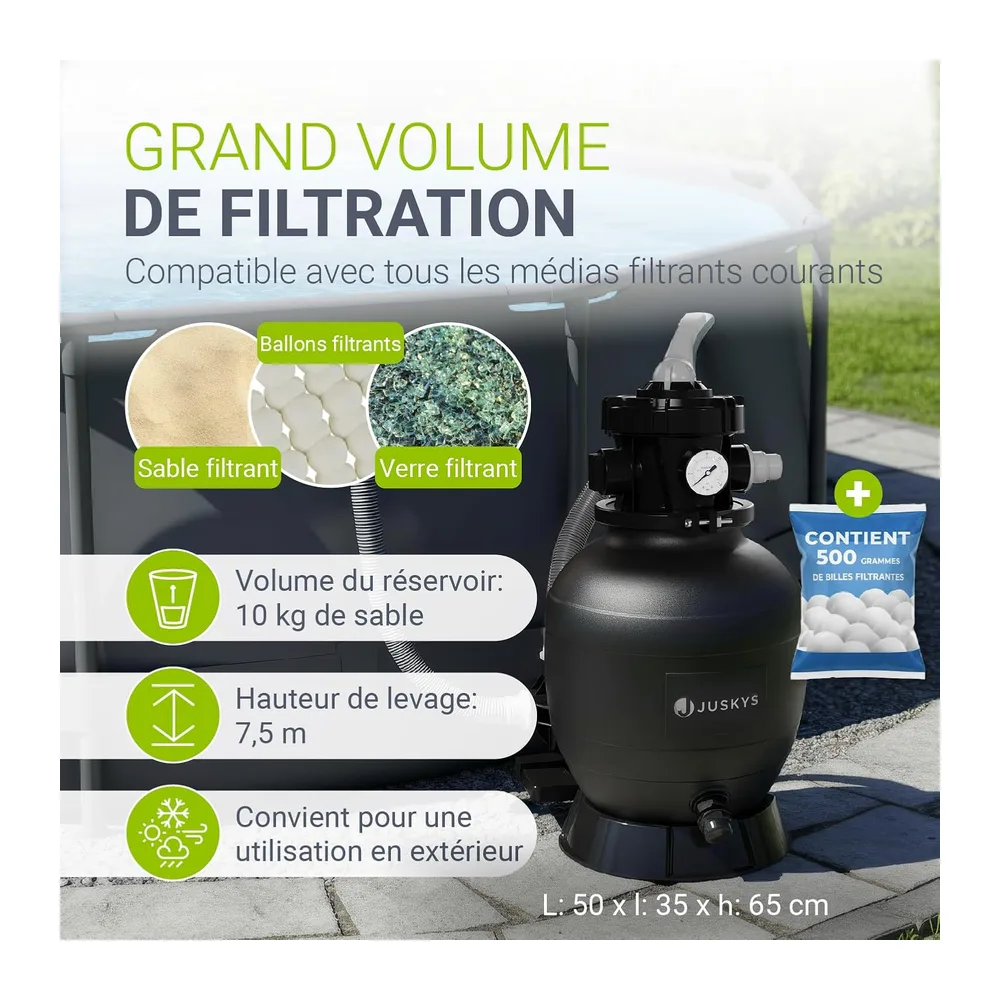 Juskys® Filtre à Sable 250 W - équipement Piscine Puissant pour Volume 38.0000 litres