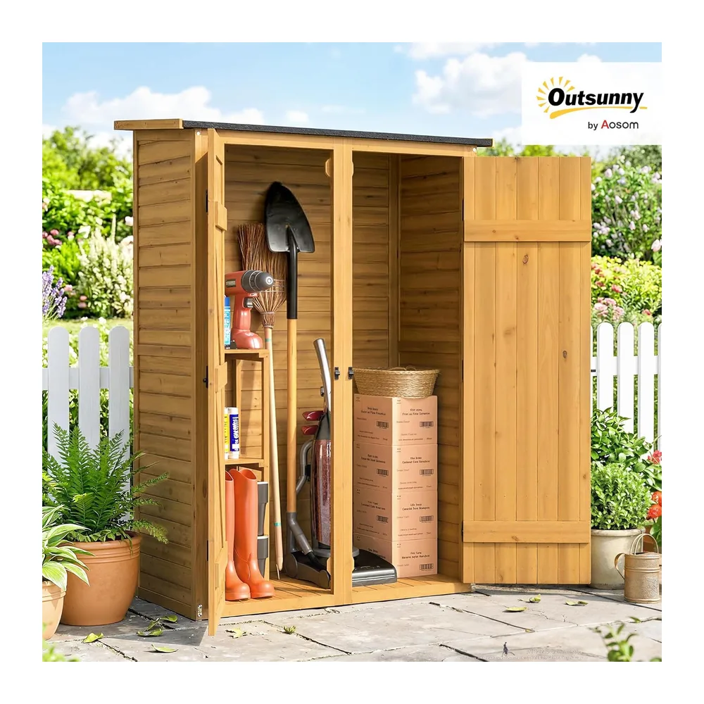 Outsunny Abri de Rangement en Bois Armoire de Jardin Double Portes Marron