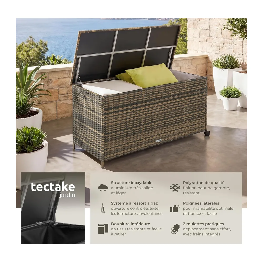 tectake® Coffre de rangement exterieur en rotin, 116 x 54 x 64 cm, Coffre de Jardin 253L