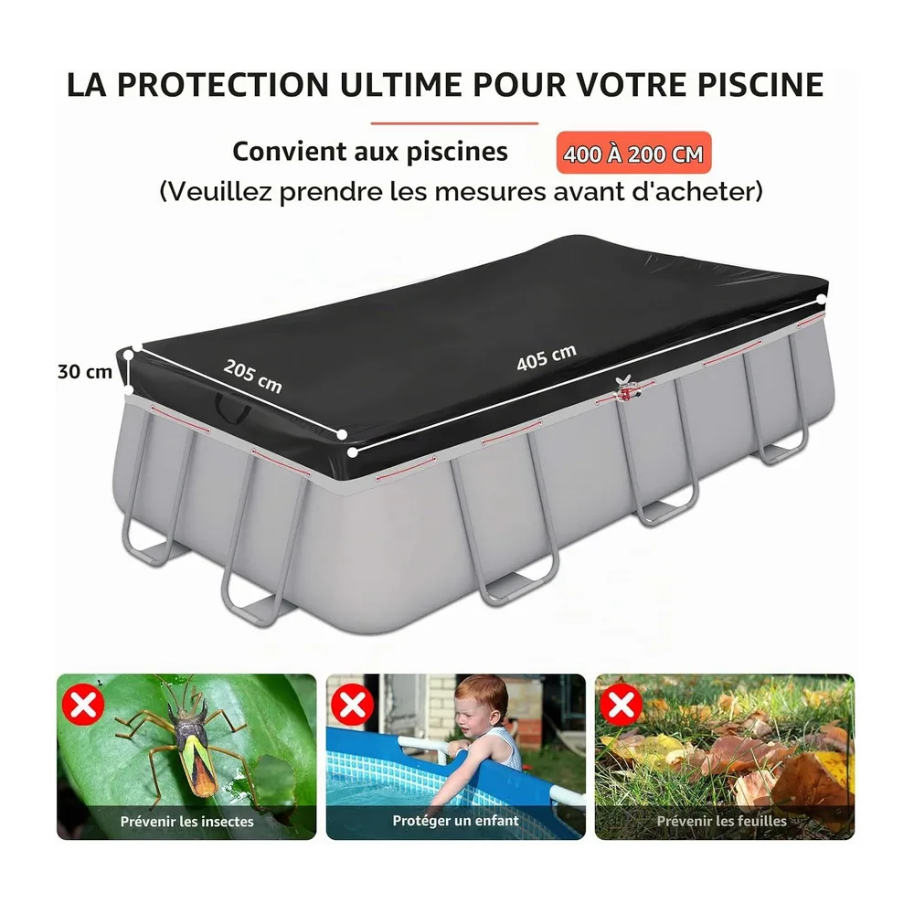 Bâche de Piscine Rectangulaire 420D 405x205x30cm pour 400x200cm