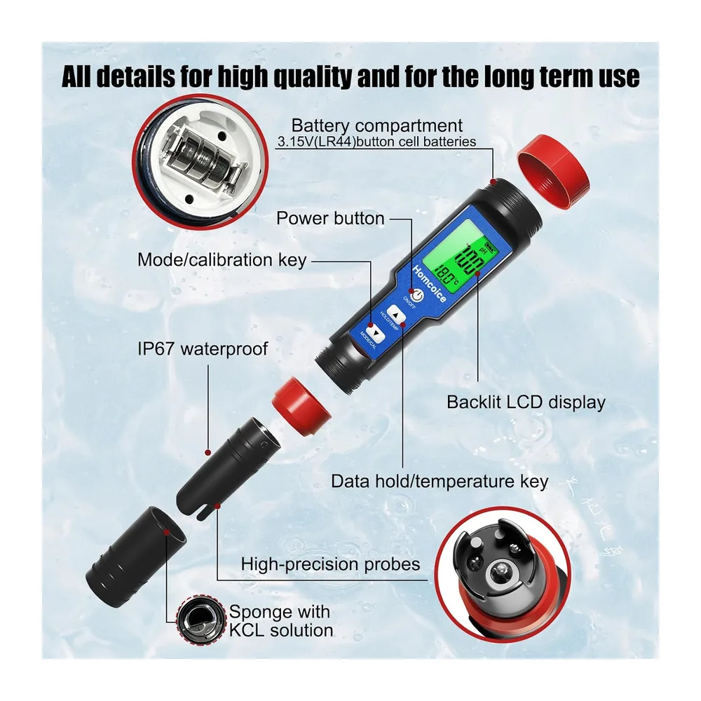 pH Chlore Mètre Piscine 7-en-1, Testeur PH Chlore Salinité ORP TDS EC Température, Tester