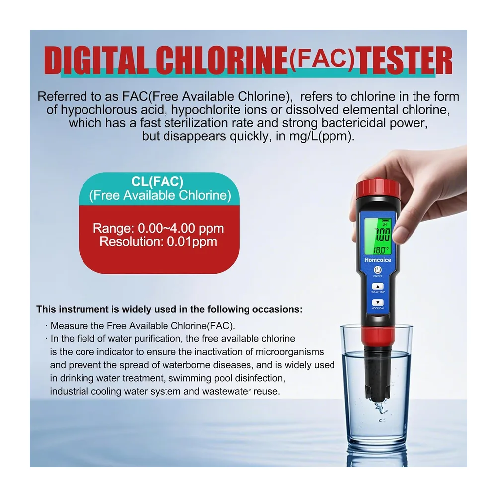 pH Chlore Mètre Piscine 7-en-1, Testeur PH Chlore Salinité ORP TDS EC Température, Tester