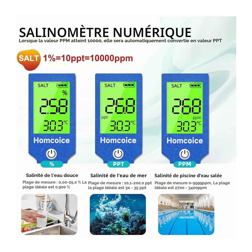 pH Chlore Mètre Piscine 7-en-1, Testeur PH Chlore Salinité ORP TDS EC Température, Tester