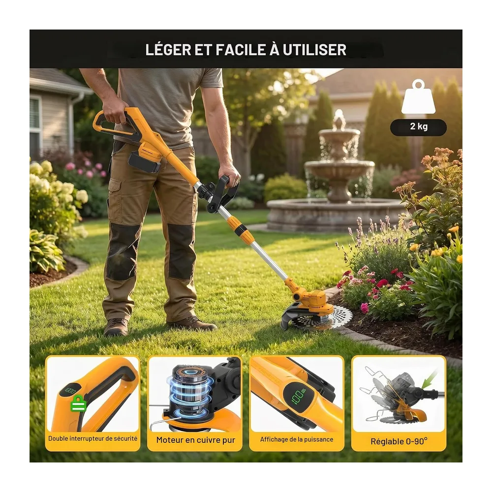 Fiutazge Coupe Bordure sans Fil avec 2 Batteries 21V 4.0Ah, Débroussailleuse Electrique