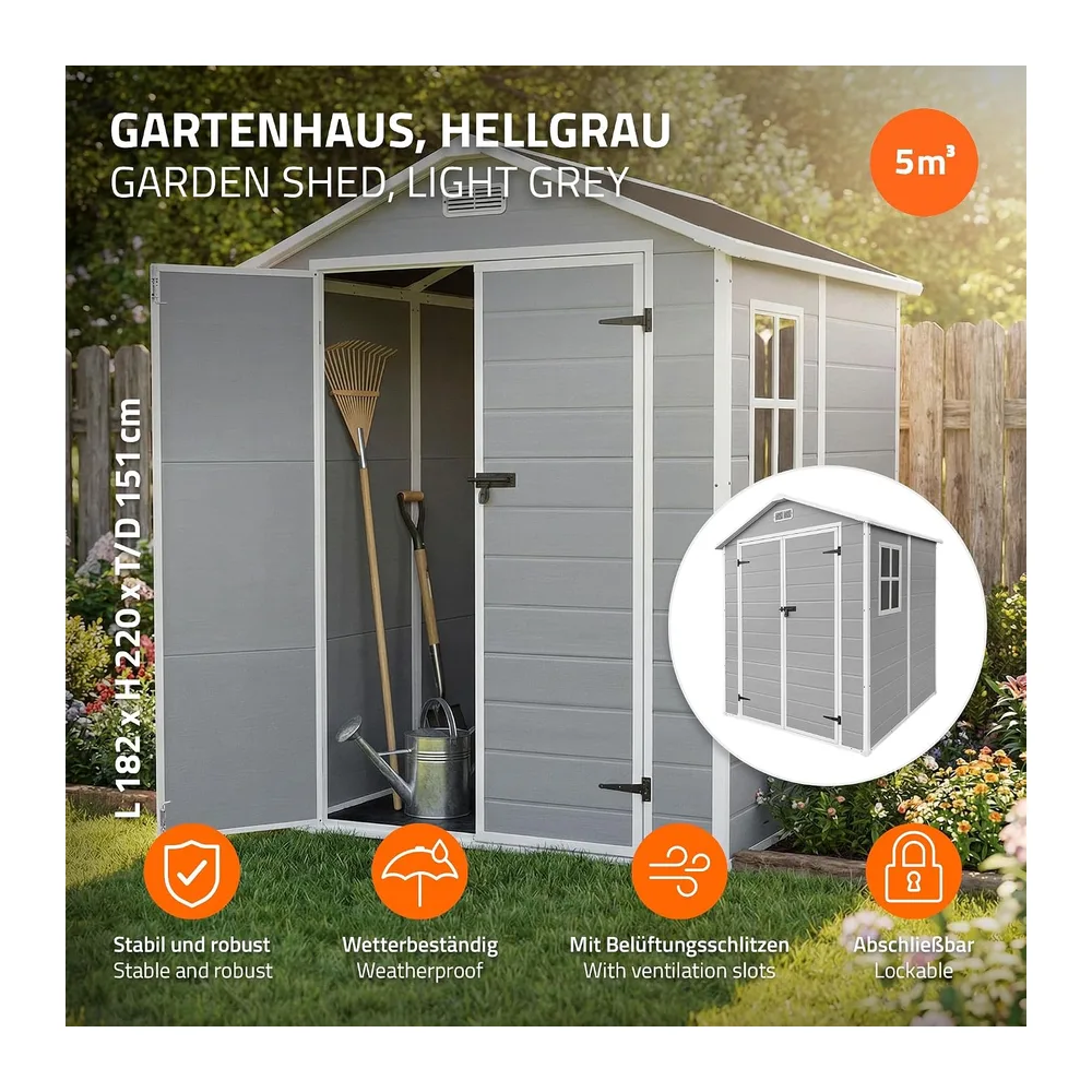 ECD Germany Abri de Jardin avec Plancher en Résine PP 5m³ Gris Clair, Toit Double Pente