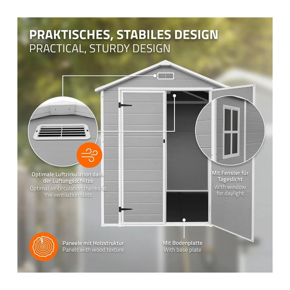 ECD Germany Abri de Jardin avec Plancher en Résine PP 5m³ Gris Clair, Toit Double Pente