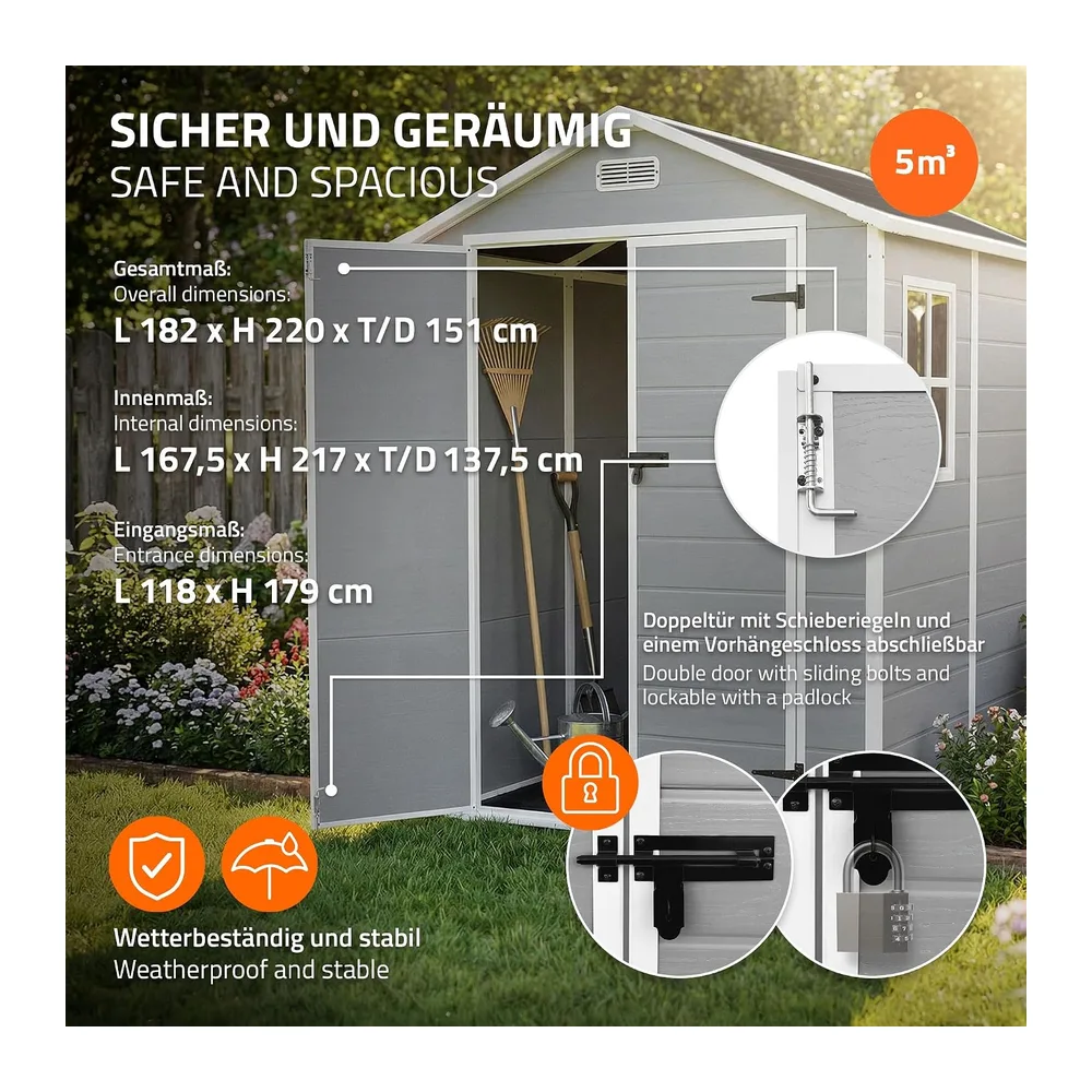 ECD Germany Abri de Jardin avec Plancher en Résine PP 5m³ Gris Clair, Toit Double Pente