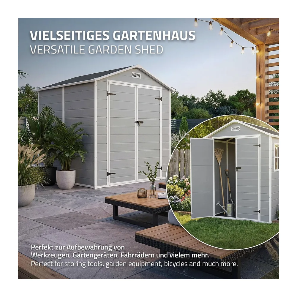 ECD Germany Abri de Jardin avec Plancher en Résine PP 5m³ Gris Clair, Toit Double Pente