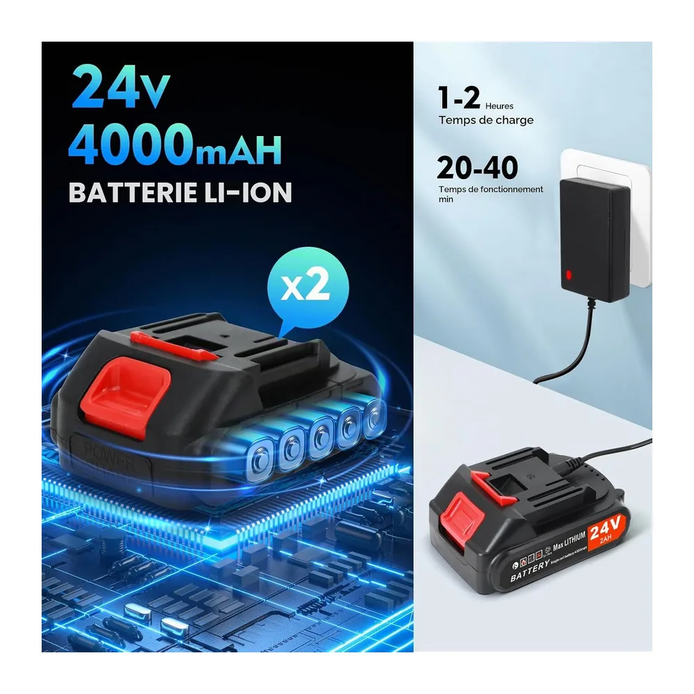 Souffleur de Feuilles sans Fil 24V – Lot 2 Accus 2000mAh & Chargeur
