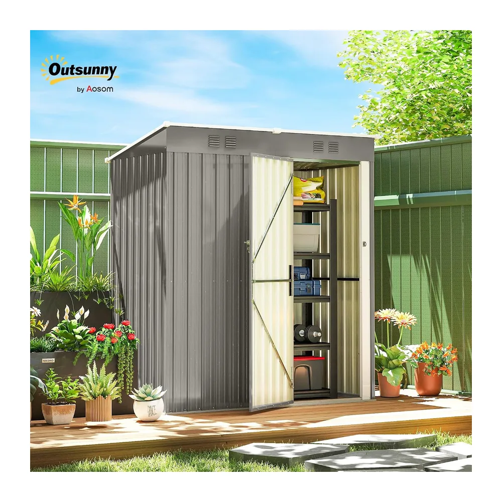 Outsunny Abri de Jardin en Métal 1,37m² 163x90x179cm Adossable Gris Clair
