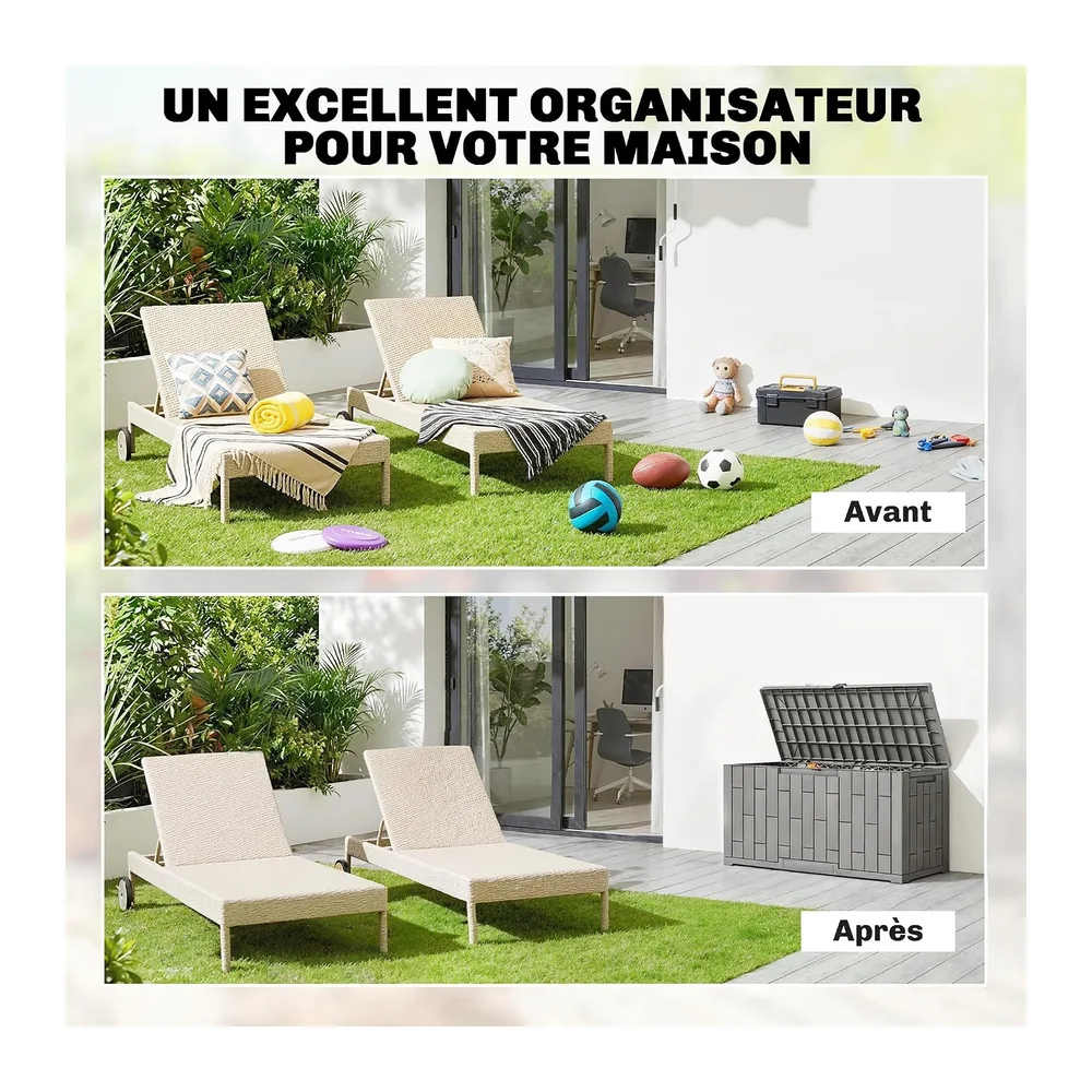 Outsunny Coffre de Rangement Extérieur 227 L 106,5x43x54,5cm Gris