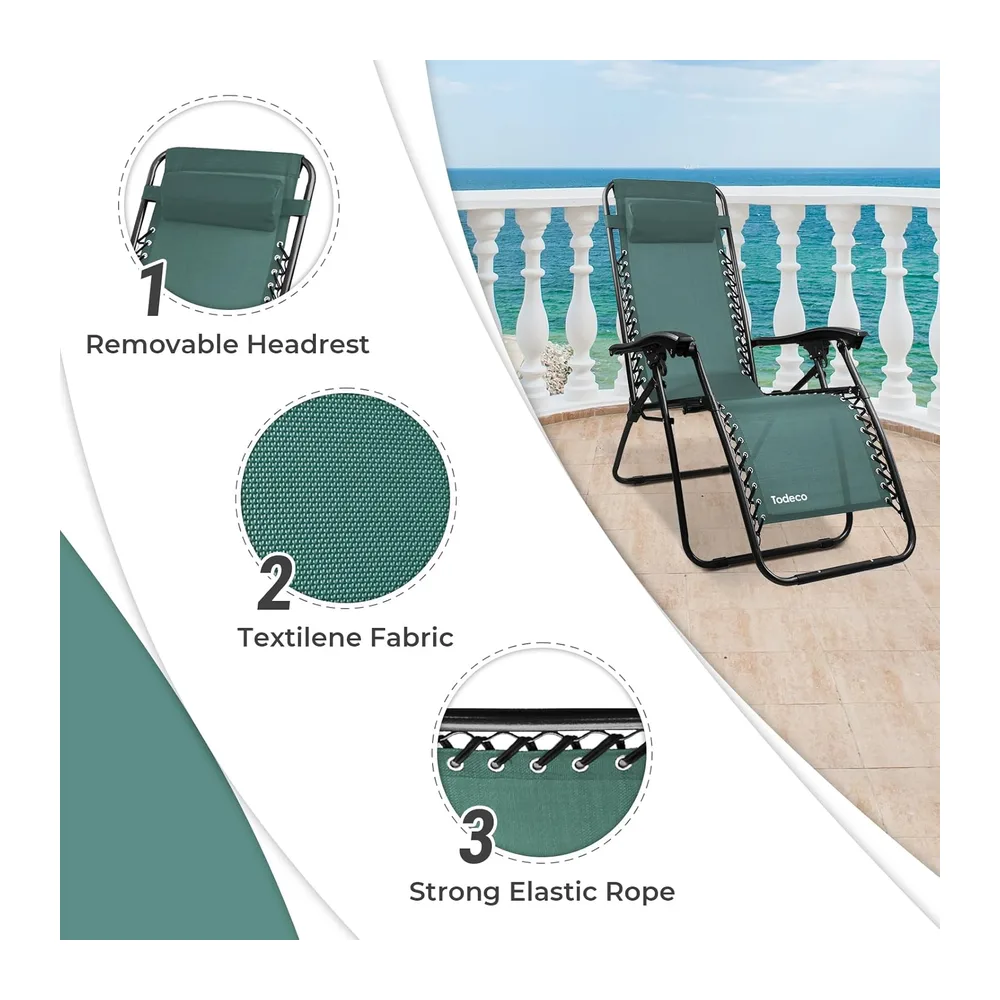 Todeco Chaises Longues Zéro Gravité, Fauteuils Relax de Jardin Pliables en Textilène