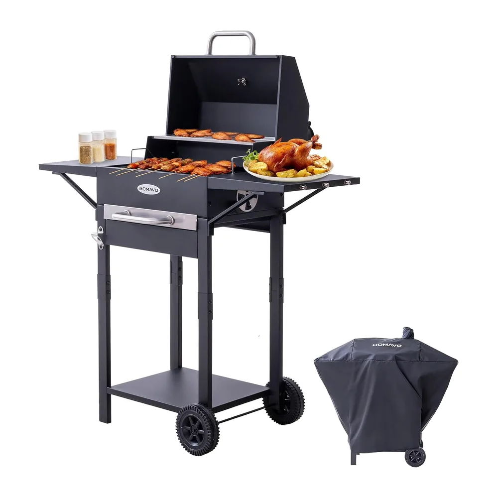 Barbecue charbon avec couvercle et housse, Grill 2 en 1 compact balcon jardin