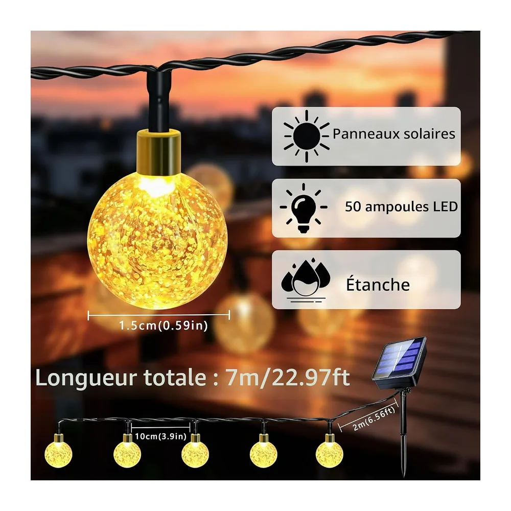 Guirlande Lumineuse Exterieure Solaire 7M 50LED, 8 Modes