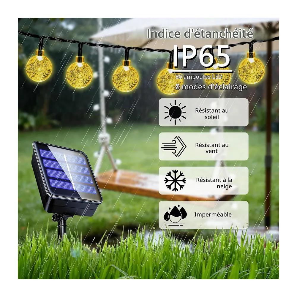Guirlande Lumineuse Exterieure Solaire 7M 50LED, 8 Modes