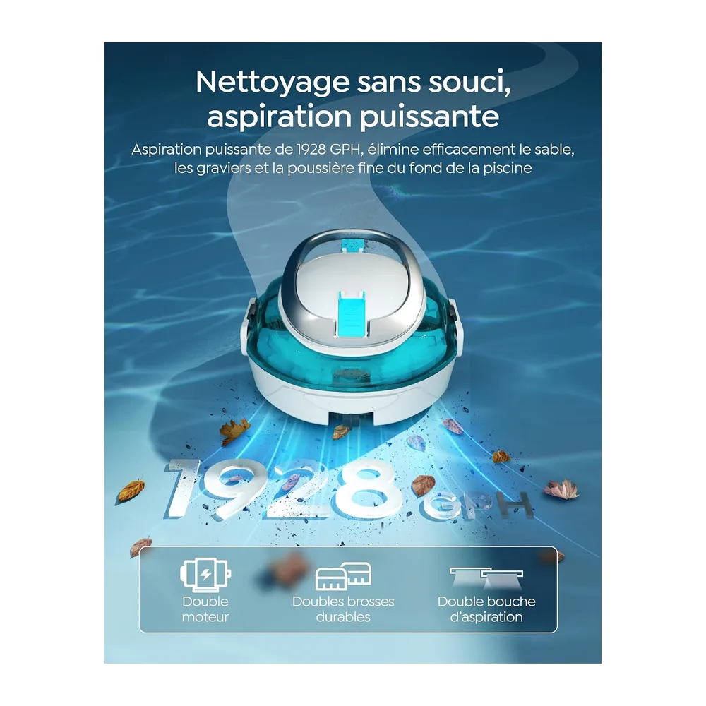 S2 Robot Piscine,Double Filtration,Aspirateur Piscine sans Fil,Bleu
