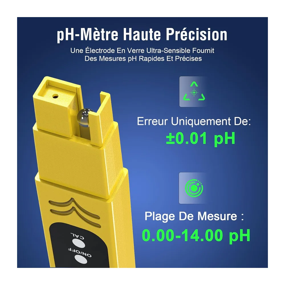 pH Metre Haute Précision (± 0.01), Testeur pH Piscine avec Écran LED Rétroéclairé Bleu et