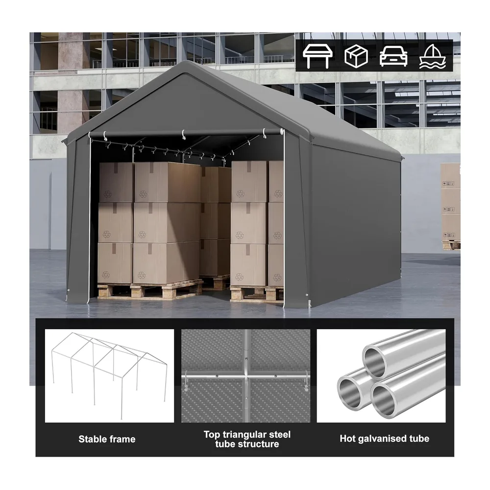 Carport de 3 x 6 m pour extérieur, garage de tente en bâche PE et cadre en métal