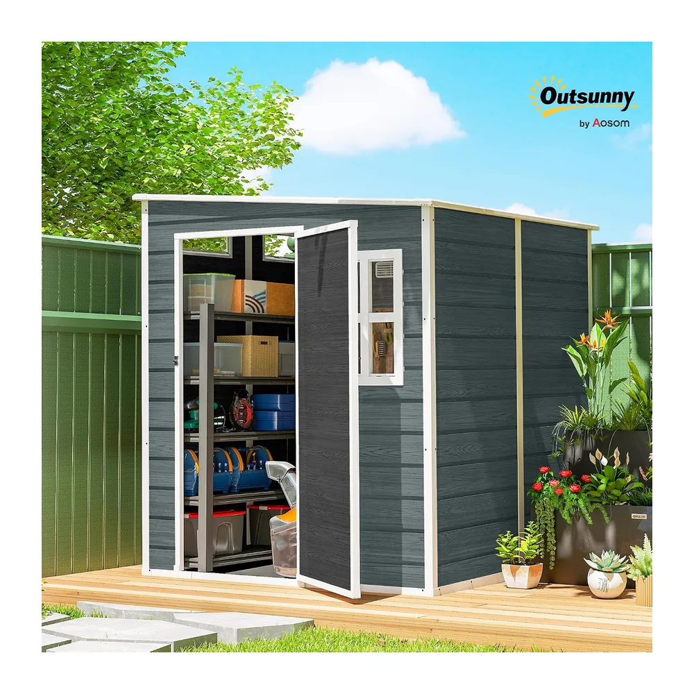 Outsunny Abri de Jardin en Résine 3,3㎡ 182x182x183 cm Gris Effet Bois
