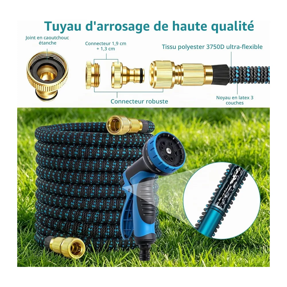 Tuyau d'Arrosage Extensible 15m, Métal Raccords-en Tuyau Arrosage Retractable avec
