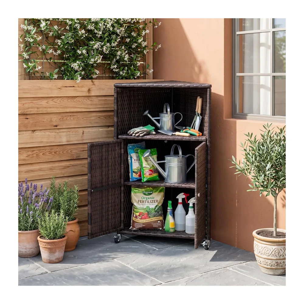 LIFEZEAL Armoire de Jardin en Rotin, Armoire d'angle avec Étagères