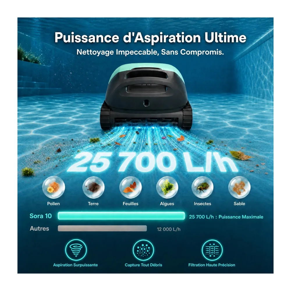 Beatbot Sora 10 Robot Piscine sans Fil,25700 LPH,Capacité du Filtre 5L