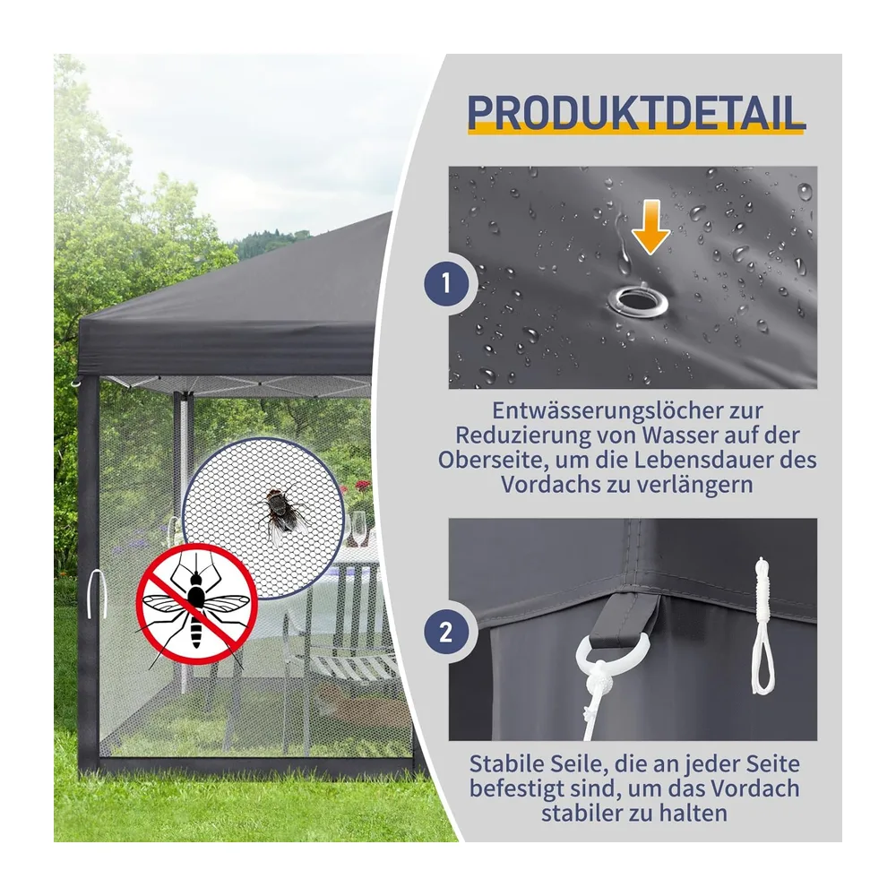 LEADZM Tonnelle Pliable 3x3 m,Barnum avec 4 Moustiquaires Anthracite