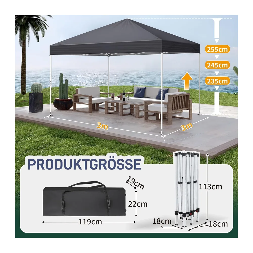 LEADZM Tonnelle Pliable 3x3 m,Barnum avec 4 Moustiquaires Anthracite