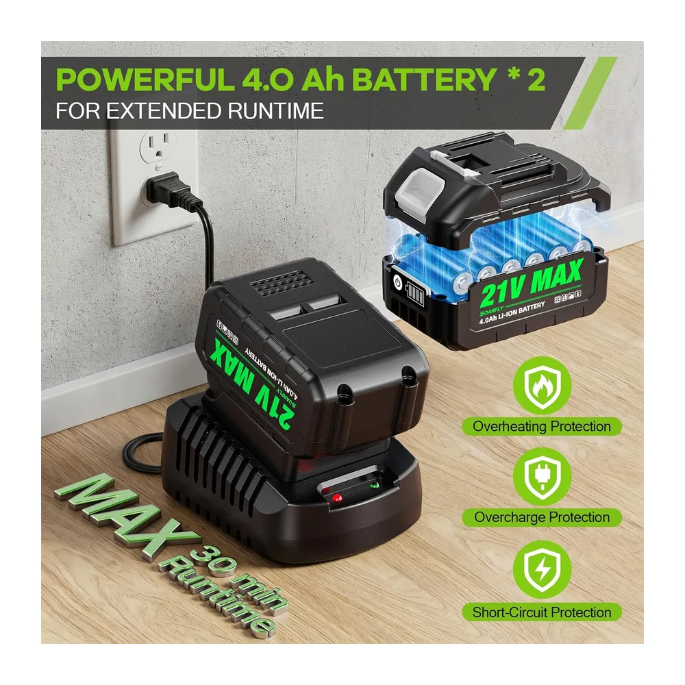 SOARFLY Souffleur de Feuilles sans Fil avec 2×4,0Ah Batterie et Chargeur, Moteur 21V 19
