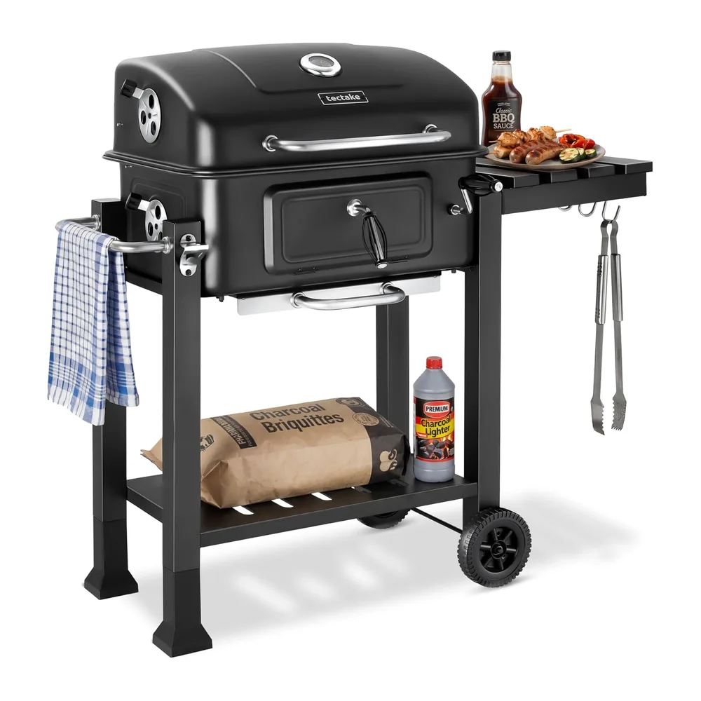 tectake® Barbecue au Charbon de bois 110x64x104 cm, Bac à charbon réglable en hauteur