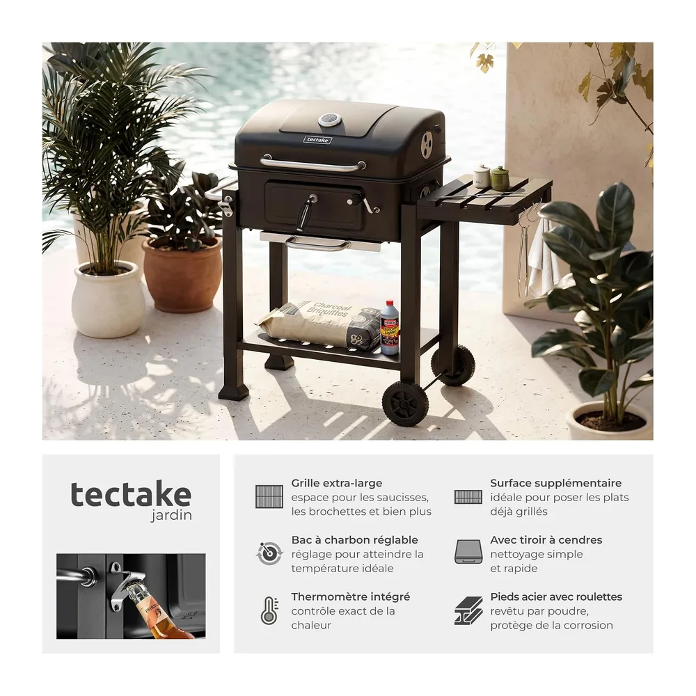tectake® Barbecue au Charbon de bois 110x64x104 cm, Bac à charbon réglable en hauteur