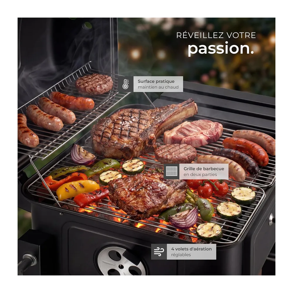 tectake® Barbecue au Charbon de bois 110x64x104 cm, Bac à charbon réglable en hauteur