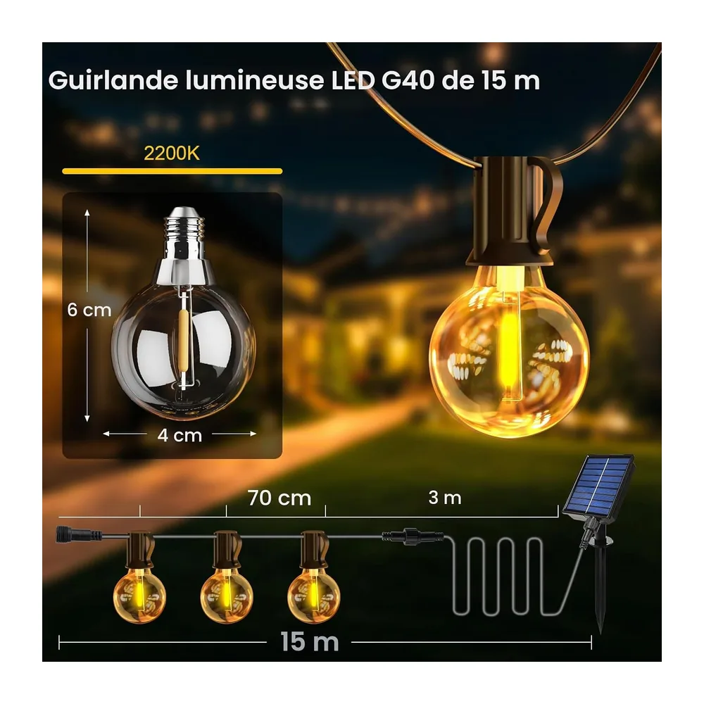 Guirlande Lumineuse Exterieure Solaire, 15M Guirlande Guinguette Exterieur Solaire avec