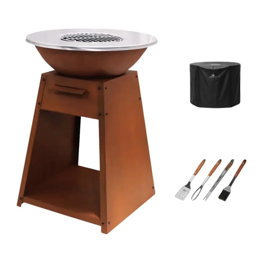 LIVONA Brasero Plancha en Acier Corten avec Housse + 3 ustensiles – Look Rustique & Design
