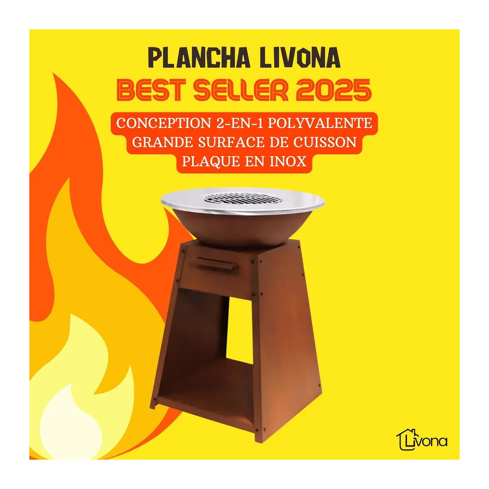 LIVONA Brasero Plancha en Acier Corten avec Housse + 3 ustensiles – Look Rustique & Design
