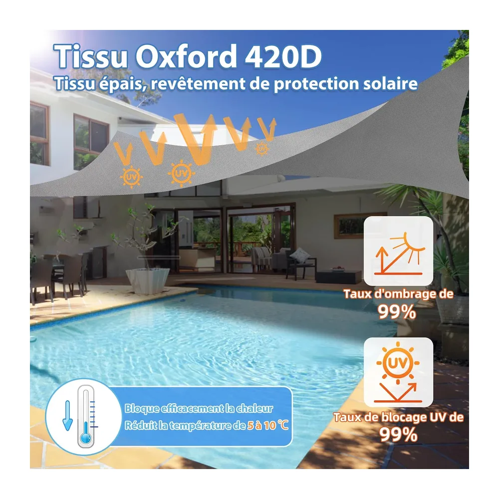 Voile d’ombrage Imperméable & Anti-UV 4x5m, Auvent de Terrasse en Tissu Oxford 420D