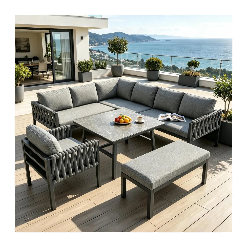 Salon de Jardin ExtéRieur 5 PièCes en Forme de L,Ensemble de Meubles Jardin 6-8