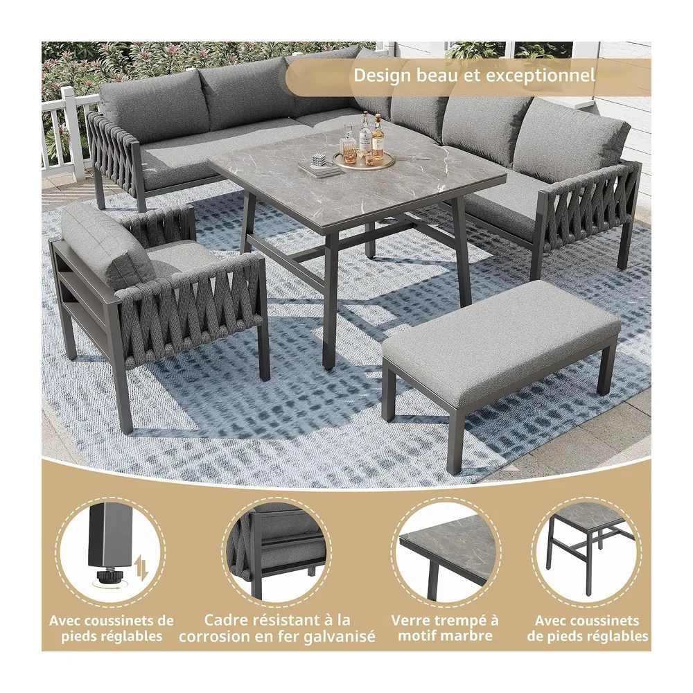 Salon de Jardin ExtéRieur 5 PièCes en Forme de L,Ensemble de Meubles Jardin 6-8
